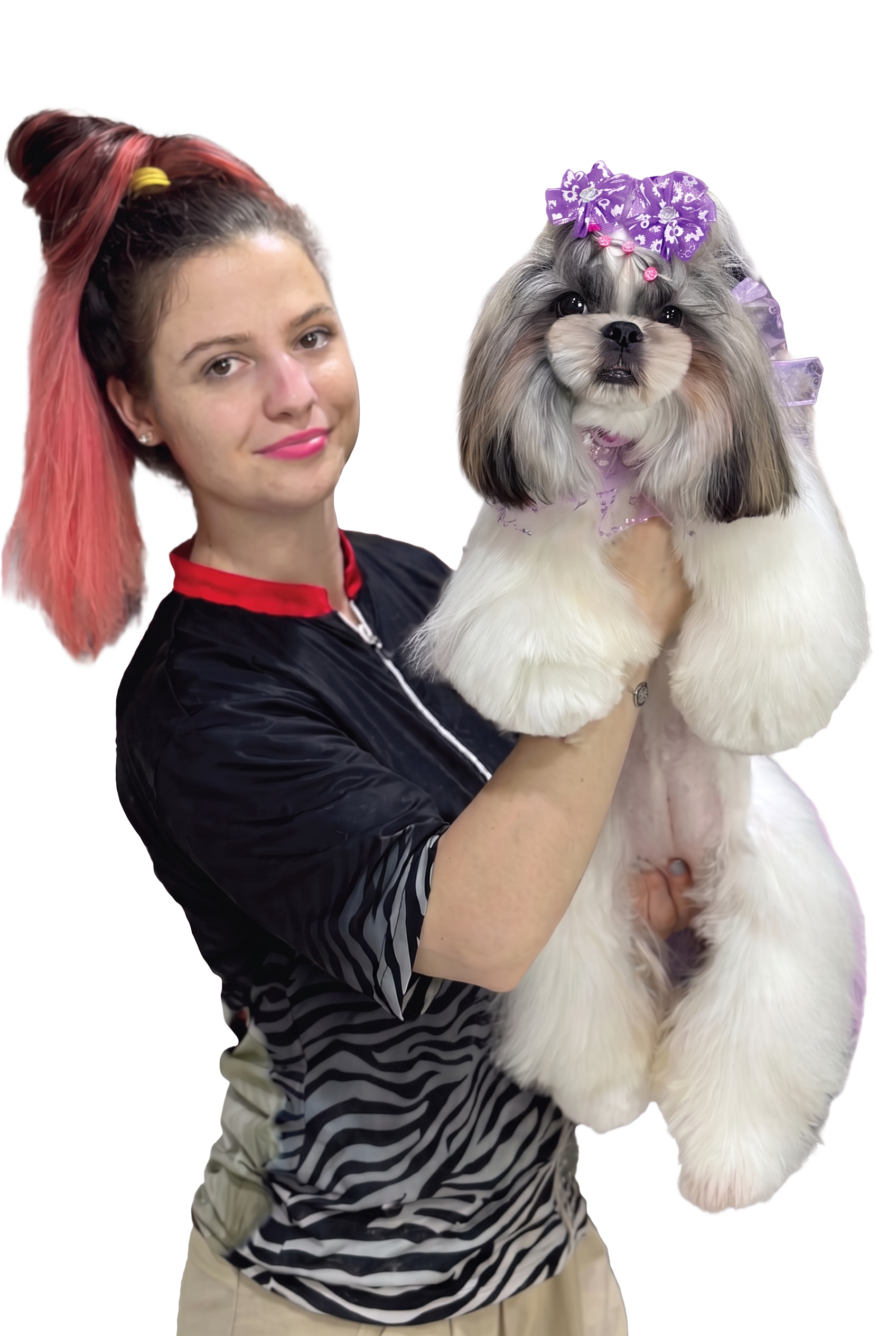 Portrait of lecturer Andrea Mihaela holding a groomed Shih Tzu