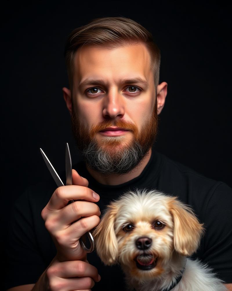 Portrait of lecturer Mateusz Kowal holding grooming scissors