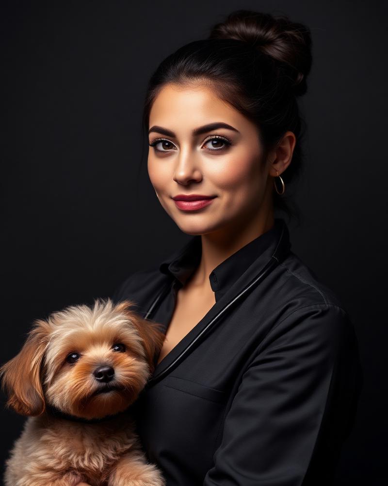 Portrait of lecturer Sofia Marchetti with a small dog