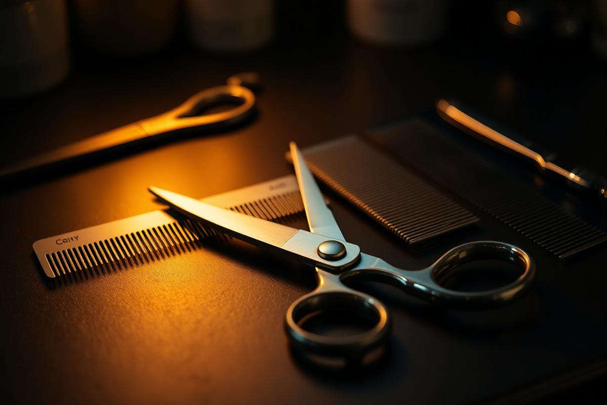 Grooming scissors and combs on a dark table