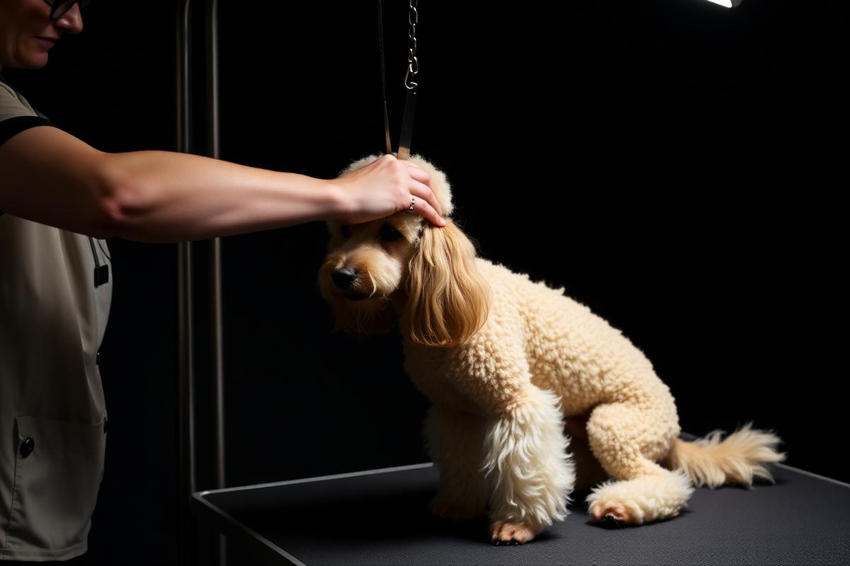 Groomer hand-scissoring a poodle under a spotlight