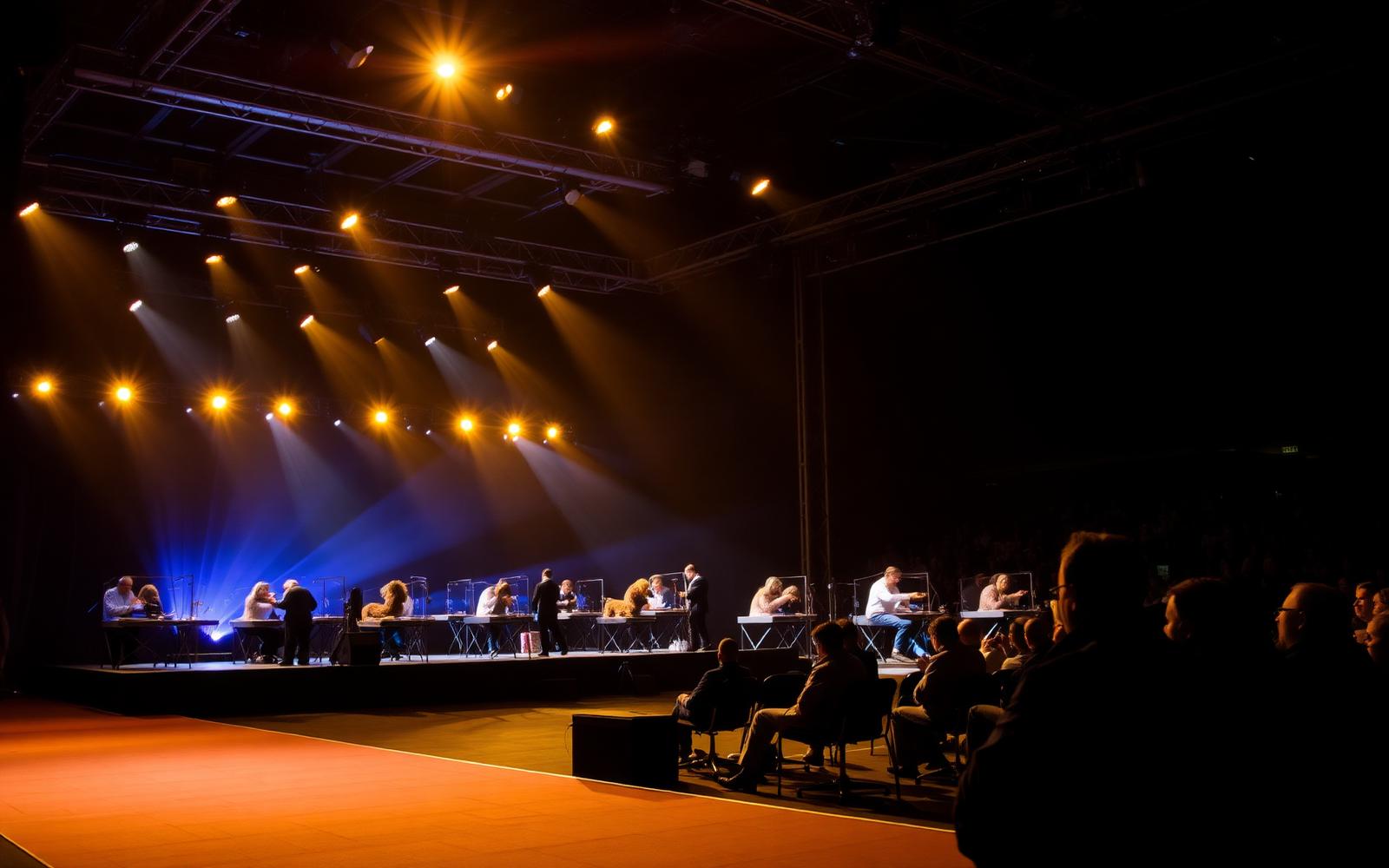 Grooming competition stage under warm spotlights